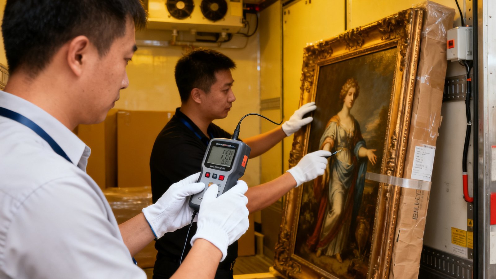 巴比伦贵宾会国际艺术品物流团队正在恒温恒湿专用车厢内检查一件古典油画的外包装，工作人员佩戴白手套并使用专业检测仪器记录温湿度数据
