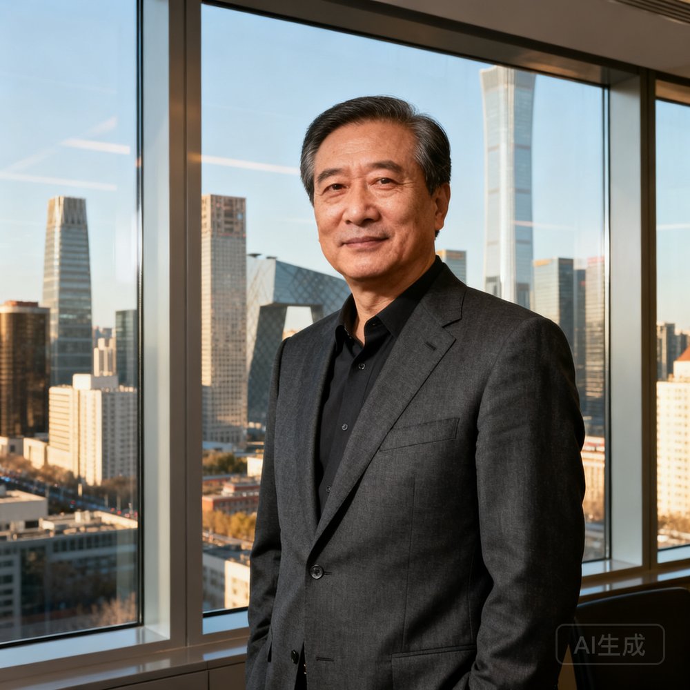 巴比伦贵宾会创始人兼CEO周建国先生，五十余岁，身着深灰色西装，站在公司北京总部的落地窗前，背景是城市天际线